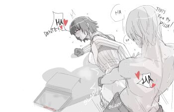 1boy 1girl artist_name beard_stubble black_hair blush clothed_sex dante_(devil_may_cry) devil_may_cry devil_may_cry_(series) devil_may_cry_4 facial_hair gloves greyscale heart highres jumpoon lady_(devil_may_cry) monochrome pizza_box sex sex_from_behind simple_background stubble sweat white_background