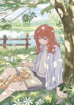 1girl animal animal_on_lap blue_shirt book book_on_lap bookmark dandelion dappled_sunlight day dog fence flower grass highres lake looking_at_animal on_ground on_lap onoyama_(machikz1) open_book open_clothes open_shirt original outdoors parted_lips red_hair shirt sitting solo sunlight tree water white_shirt