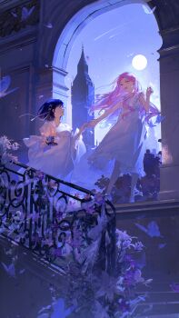 2girls absurdres alien_stage alternate_costume alternate_universe black_hair bob_cut bug butterfly candle chinese_commentary choker commentary dress frilled_dress frills full_moon hair_ornament hair_ribbon highres holding holding_candle ingi_(ydjn3245) insect long_sleeves medium_hair meteor mizi_(alien_stage) moon multiple_girls pink_hair ribbon sleeveless sleeveless_dress stairs sua_(alien_stage) white_choker white_dress white_ribbon x_hair_ornament yellow_eyes