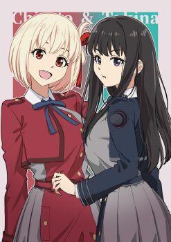 2girls :d absurdres black_hair blonde_hair blue_dress border character_name commentary_request cowboy_shot dress eyebrows_hidden_by_hair frown girugiru_(tektonics6588) grey_dress hair_between_eyes hair_ribbon highres inoue_takina long_hair long_sleeves looking_at_viewer lycoris_recoil lycoris_uniform multiple_girls nishikigi_chisato one_side_up open_mouth outline outside_border parted_lips pleated_dress purple_eyes red_dress red_eyes red_ribbon ribbon short_hair simple_background smile straight_hair tareme teeth two-tone_dress upper_teeth_only white_border white_outline