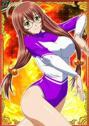 Rule 34 | 1girl, ass, bare legs, breasts, breasts squeezed together, brown hair, card (medium), glasses, green eyes, gymnast leotard, hair ornament, highleg, highleg leotard, ikkitousen, large breasts, leotard, long hair, looking at viewer, official art, purple leotard, ryuubi gentoku, shiny clothes, shiny skin, smile, solo, very long hair, wide hips
