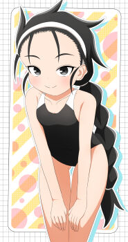 1girl absurdres black_eyes black_hair braid braided_ponytail headband highres ishigakiseiya kunoichi_tsubaki_no_mune_no_uchi leaning_forward looking_at_viewer shion_(kemomimi_musume-tachi_ga_iyashite_kureru_kozukuri_onsen'yado) solo swimsuit