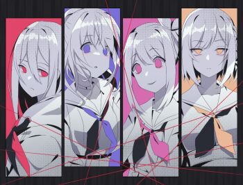 1other 25-ji_nightcord_de._(project_sekai) 3girls akiyama_mizuki alternate_eye_color asahina_mafuyu belt black_belt black_neckerchief breasts closed_mouth column_lineup commentary double-parted_bangs expressionless grid_lineup hair_between_eyes hair_ribbon high_ponytail hood hoodie limited_palette long_hair looking_at_viewer looking_to_the_side medium_breasts multicolored_neckerchief multiple_girls neckerchief open_mouth orange_eyes orange_neckerchief other_focus parted_lips partially_colored pink_eyes pink_neckerchief ponytail project_sekai purple_eyes purple_neckerchief red_eyes red_neckerchief ribbon sailor_collar shinonome_ena short_hair side_ponytail smile spot_color string sweater_701 upper_body yoisaki_kanade