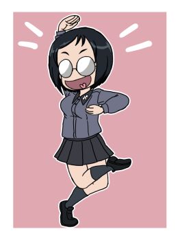 Rule 34 | 1girl, black hair, black shoes, black skirt, black socks, collared shirt, dancing, girls und panzer, glasses, grey shirt, katsuya megu, kuromorimine school uniform, miniskirt, open mouth, pink background, pleated skirt, round eyewear, school uniform, shirt, shoes, short hair, simple background, skirt, smile, socks, standing, standing on one leg, takahashi kurage, tongue, wing collar