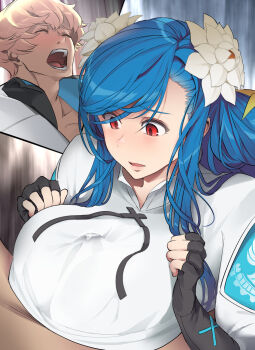 1boy 1girl between_breasts blonde_hair blue_hair blush breasts closed_eyes couple covered_penis cum cum_on_body cum_on_breasts cum_on_upper_body dizzy_(guilty_gear) ejaculation_under_clothes fingerless_gloves flower gloves guilty_gear guilty_gear_strive hair_flower hair_ornament handsfree_paizuri hetero highres husband_and_wife ky_kiske large_breasts long_hair mature_female open_mouth paizuri paizuri_under_clothes queen_dizzy red_eyes ribbon touniyuu white_flower
