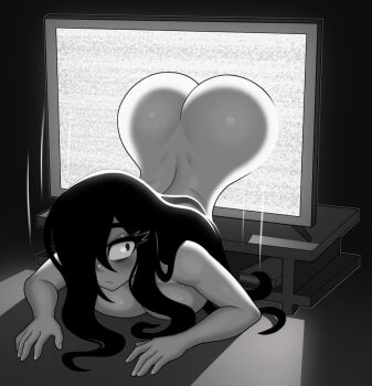1girl all_fours ass black_hair book breasts butt_crack chemical_bro completely_nude crawling dark_background dimples_of_venus fingernails flat_screen_tv ghost ghost_girl greyscale hair_over_breasts hair_over_one_eye ivy_(chemical_bro) large_breasts long_hair looking_back monochrome nude original pale_skin shiny_skin solo static television through_medium through_screen top-down_bottom-up white_screen
