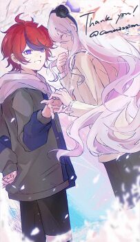 Rule 34 | 1boy, 1girl, ^ ^, black flower, black hair, black hairband, black pants, black rose, black skirt, blue eyes, blue jacket, cherry blossoms, closed eyes, commentary, commission, drawstring, english commentary, flower, grey jacket, hair flower, hair ornament, hairband, hand up, highres, hood, hood down, hoodie, jacket, jacket over hoodie, kashimiya karua, long hair, long sleeves, mero (merope hika), mixed-language commentary, mole, mole under eye, multicolored hair, multicolored jacket, open clothes, open jacket, pants, pleated skirt, red hair, rose, shirt, short hair, skirt, smile, streaked hair, sumino takumi, thank you, the hundred line -last defense academy-, too many watermarks, two-tone hair, two-tone jacket, watermark, white hoodie, white shirt