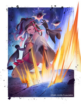 1girl absurdres black_boots black_gloves black_hair boots copyright_notice dark-skinned_female dark_skin dqn_(dqnww) dreadlocks gloves highres long_hair looking_at_viewer medium_hair mujika_yotogi multicolored_hair official_art open_mouth red_eyes red_hair solo streaked_hair white_background white_hair wixoss