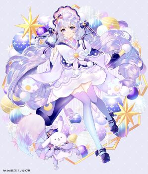 Rule 34 | 1girl, artist request, calligraphy brush, christmas ornaments, closed mouth, colorized, commentary request, eyelashes, flower, grey background, hair ornament, hatsune miku, highres, long hair, looking at viewer, nurimas, paintbrush, purple eyes, purple hair, purple thighhighs, rabbit, smile, snowflake hair ornament, solo, thighhighs, touoh, very long hair, vocaloid, white flower