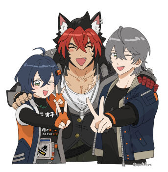 1girl 2boys ahoge animal_ear_fluff animal_ears bandaged_arm bandages belle_(zenless_zone_zero) black_gloves black_hair black_jacket black_shirt blue_hair blue_jacket blush body_fur brother_and_sister closed_eyes collarbone crossed_bangs dog_boy dog_ears ear_piercing fang fingerless_gloves gloves green_eyes grey_hair hair_between_eyes hair_ornament hands_on_another&#039;s_shoulders highres jacket jewelry komano_manato letter_hair_ornament looking_at_viewer multicolored_hair multiple_boys multiple_scars muscular muscular_male necklace one_eye_closed open_mouth orange_gloves pectorals piercing popochi_fuwa red_bandage red_hair scar scar_across_eye scar_on_chest scar_on_face shirt siblings simple_background spiked_jacket twitter_username upper_body v v-shaped_eyebrows white_background white_shirt wise_(zenless_zone_zero) zenless_zone_zero