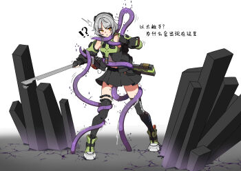 1girl anby_demara bare_shoulders black_gloves black_jacket black_thighhighs bound brown_eyes crystal detached_sleeves fingerless_gloves gloves grey_hair highres holding holding_sword holding_weapon jacket midriff_peek nomad_(nzdz2788) pleated_skirt restrained sheath shoes short_hair skindentation skirt sneakers solo sword tentacles thigh_strap thighhighs thighs weapon zenless_zone_zero zettai_ryouiki