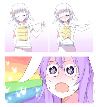 Rule 34 | 2girls, :o, absurdres, animal ears, bad id, bad twitter id, blush, breast awe, breasts, closed eyes, clothes lift, colorful, cowboy shot, crazy eyes, cyan aeolin, derivative work, erina (rabi-ribi), eye focus, eye reflection, full-face blush, grin, head tilt, heaven condition, highres, irisu (rabi-ribi), irisu (rabi-ribi), lifting own clothes, long hair, looking at breasts, meme, midriff, multiple girls, navel, nose blush, one breast out, one eye closed, open mouth, purple eyes, rabbit ears, rabi-ribi, rainbow, rainbow background, reflection, shirt lift, skirt, smile, sparkling eyes, string, sweat, sweatdrop, tears, teasing, teeth, underboob, upper body, white skirt, wide-eyed, yuri