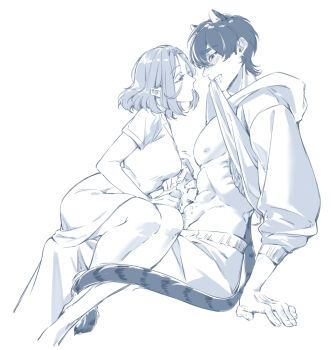 1boy 1girl abs animal_ears biting bob_cut breasts clothes_lift commentary couple dmuyaa dress drooling extra_ears eye_contact face-to-face feet_out_of_frame from_side groin hair_between_eyes half-closed_eyes handjob hetero hood hood_down hoodie invisible_chair legs_together lifting_own_clothes long_sleeves looking_at_another male_pubic_hair medium_breasts monochrome mouth_hold nipples original pants pectorals precum profile pubic_hair puffy_long_sleeves puffy_sleeves saliva shirt_lift short_hair short_sleeves simple_background sitting sitting_on_lap sitting_on_person symbol-only_commentary tail tail_around_another&#039;s_leg tiger_boy tiger_ears tiger_tail toned toned_male