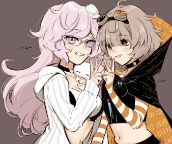 Rule 34 | 2girls, ahoge, black choker, black cloak, brown background, brown hair, choker, circuit board print, cloak, commentary request, glasses, goggles, goggles on head, grey-framed eyewear, grin, hood, hood down, hooded jacket, jacket, kazari jun, long hair, long sleeves, magia record: mahou shoujo madoka magica gaiden, mahou shoujo madoka magica, midriff, miwa mitsune, multiple girls, mystical high collar, navel, open clothes, open jacket, orange cloak, orange eyes, pink hair, print cloak, purple eyes, short hair, simple background, smile, striped clothes, striped jacket, striped sleeves, two-sided cloak, two-sided fabric, v, white jacket, yukishiro (hitsuji)