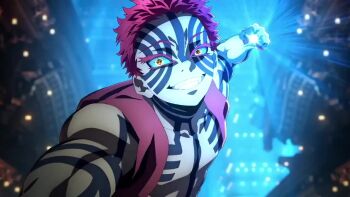 3boys akaza_(kimetsu_no_yaiba) animated battle destruction kamado_tanjirou kicking kimetsu_no_yaiba long_hair multiple_boys punching sword tagme tomioka_giyuu video weapon