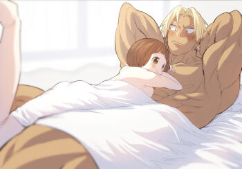 Rule 34 | 1boy, 1girl, absurdres, afterglow, blonde hair, blush, bob cut, brown eyes, brown hair, earrings, gamagoori ira, grey eyes, highres, implied after sex, jewelry, kill la kill, looking at another, mankanshoku mako, morning, muscular, nude, resting, sasar1211, size difference, smile