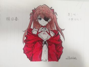 1girl absurdres blue_eyes bodysuit brown_hair character_name chinese_commentary closed_mouth commentary_request cropped_torso daihao1863 eyepatch hands_in_pockets hatching_(texture) highres jacket linear_hatching long_hair long_sleeves looking_at_viewer neon_genesis_evangelion off_shoulder one_eye_covered partially_translated photo_(medium) red_jacket signature solo souryuu_asuka_langley traditional_media translation_request