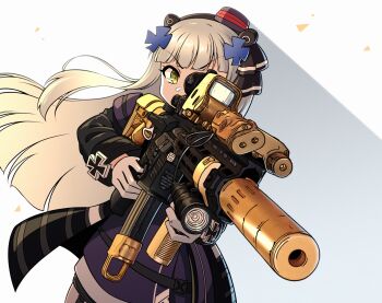 1girl aiming assault_rifle black_bow black_jacket blunt_bangs bow commentary eotech girls&#039;_frontline gloves green_eyes gun h&amp;k_hk416 hair_bow hair_ornament highres hk416_(girls&#039;_frontline) hk416_(mod3)_(girls&#039;_frontline) holding holding_gun holding_weapon jacket jiwon_(sj1) laser_sight long_hair magazine_(weapon) open_clothes open_jacket perspective purple_shirt rifle shadow shirt sidelocks sight_magnifier simple_background speech_bubble suppressor weapon white_background white_gloves white_hair