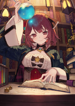 1girl atelier_(series) atelier_sophie atelier_sophie_2 blue_coat book book_stack bookshelf brown_eyes closed_mouth coat collared_coat commentary_request flask holding holding_flask indoors jewelry lantern liquid long_sleeves looking_at_viewer necklace noco_(adamas) official_art open_book paper red_hair round-bottom_flask second-party_source short_hair smile solo sophie_neuenmuller table test_tube upper_body