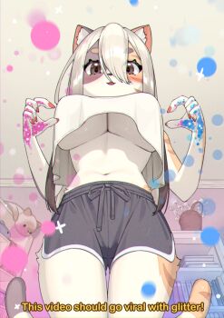 1girl animal_ears black_fur black_shorts breasts brown_eyes cat_ears cat_girl cat_tail crop_top etivka furry furry_female haru_(etivka) highres large_breasts multicolored_fur navel open_mouth orange_fur original shirt shorts solo stomach tail white_fur white_hair white_shirt