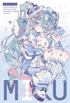 1girl bandaid bandaid_on_hair bandaid_on_knee bandaid_on_leg blue_eyes blue_hair blush bow character_name earrings english_text food full_body garter_straps hair_bow hair_ornament hatsune_miku highres jewelry maid_headdress rabbit socks solo tenshi_kaiwai vocaloid white_socks wings yumenouchi_chiharu