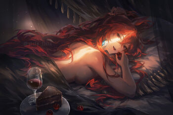 1girl alcohol animal_ears arknights back blue_gemstone breasts cake commentary cup drinking_glass earrings english_commentary food gem helen_zzhao highres holding_cherry horse_ears horse_girl jewelry long_hair looking_at_viewer nape narantuya_(arknights) nude open_mouth pillow red_hair saucer shoulder_blades sideboob solo under_covers very_long_hair watermark wine wine_glass