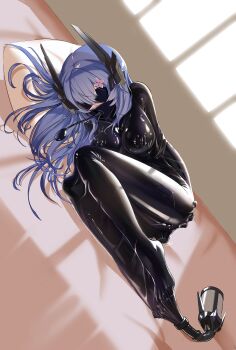 1girl absurdres arms_behind_back bdsm bed blindfold blue_hair blush breasts commission flowerscur gagged hair_ornament hairclip hands_on_own_ass highres horns latex long_hair looking_at_viewer lying mechanical_horns medium_breasts nipple_stimulation object_insertion on_side original pump pxfz1234 restrained second-party_source sex_toy skin_tight solo vacuum_bag vibrator vibrator_on_nipple