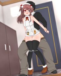 Rule 34 | 1boy, 1girl, assertive female, bell, belt, beret, black hair, black thighhighs, blue eyes, blush, boots, bow, bow eyepatch, bowtie, brown belt, brown footwear, brown hair, brown pants, door, dress, dutch angle, earrings, eyepatch, fujigaya arctia, full body, fur-trimmed boots, fur trim, gingerbread man, hair ornament, hat, hetero, highres, holding another&#039;s wrist, indoors, jewelry, light, long hair, long sleeves, looking back, mahjong soul, medical eyepatch, medium bangs, neck bell, open mouth, panties, pants, panty pull, pom pom (clothes), pom pom hair ornament, pussy, red bow, red bowtie, sex, sex from behind, shinomiya fuyumi, short dress, sleeveless, sleeveless dress, solo focus, standing, standing sex, sweater, sweater dress, textless version, thighhighs, turtleneck, turtleneck sweater, two side up, underwear, variant set, white dress, white hat, white panties, white sweater