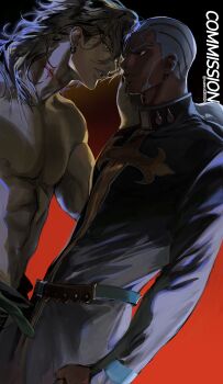 2boys absurdres belt black_robe blue_belt brown_hair buzz_cut cassock commission cross cross_print dark-skinned_male dark_skin dio_brando earrings enrico_pucci eye_contact face-to-face facial_hair hand_on_another&#039;s_face hashtag-only_commentary high_collar highres jewangchobab jewelry jojo_no_kimyou_na_bouken long_hair looking_at_another male_focus multiple_boys muscular muscular_male nipples parted_lips pectorals priest red_background robe scar scar_on_neck short_hair stone_ocean teeth time_paradox topless_male very_short_hair white_hair yaoi yellow_eyes