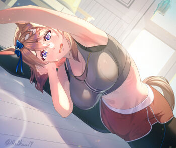 1girl animal_ears armpits artist_name black_bra blue_eyes blush bra breasts brown_hair commentary_request dolphin_shorts grey_sports_bra highres horse_ears horse_girl horse_tail indoors large_breasts looking_at_viewer multicolored_hair open_mouth pants red_shorts reihou19 shorts solo split sports_bra super_creek_(umamusume) tail twitter_username two-tone_hair umamusume underwear white_hair yoga_pants