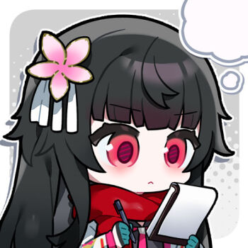 Rule 34 | 1girl, :<, artist request, black hair, chibi, chibi only, girls' frontline, girls' frontline 2: exilium, hair ornament, holding, holding notepad, holding pen, lowres, notepad, official art, pen, red eyes, red scarf, sakura (girls' frontline 2), scarf, second-party source, solo, speech bubble, thought bubble, type 100 (girls' frontline)