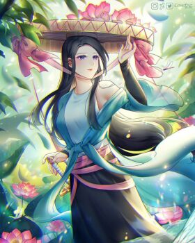 1girl black_hair blue_eyes commentary comt216 english_commentary flower flower_ornament hat highres holding holding_sword holding_weapon leaf long_hair lotus lotus_leaf original smile sword vietnamese_clothes water weapon wide_sleeves