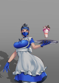 1girl absurdres adapted_costume alternate_costume apron blue_choker blue_dress blue_gloves blue_mask breasts choker cowboy_shot dress enmaided food frilled_apron frills gloves grey_background hair_bun highres holding holding_tray ice_cream jade_(mortal_kombat) kitana large_breasts liu_kang maid mask mileena_(mortal_kombat) mortal_kombat_(series) mouth_mask ninja ninja_mask pantyhose shadow single_hair_bun solo sundae tray tre_artz waist_apron waitress white_apron white_pantyhose