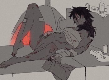 1girl abs arcane:_league_of_legends arcane_brawler_vi arcane_vi bandaged_arm bandaged_hand bandaged_torso bandages black_hair blood blood_on_body blood_on_face bottomless female_masturbation highres indoors knee_up league_of_legends long_hair lying makeup masturbation on_back pussy runhorserun runny_makeup solo uncensored vaginal vi_(league_of_legends)