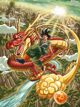 1boy absurdres ankle_wrap black_hair boots bracelet cloud commentary day dougi dragon dragon_ball dragonball_z eastern_dragon english_commentary flying_nimbus forest green_pants grin highres holding holding_staff jewelry looking_to_the_side mountain muscular muscular_male nature open_mouth outdoors pants pectorals red_dragon riding river roub3d sash scenery signature sky smile solo son_goku spiked_hair staff sun teeth tree utility_pole white_sash