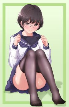 1girl akippoi_0919 black-framed_eyewear black_hair black_neckerchief black_panties black_sailor_collar black_skirt black_thighhighs bow bow_panties censored closed_mouth commentary_request convenient_censoring full_body glasses hands_up highres holding holding_panties holding_underwear holding_unworn_clothes knees_up long_sleeves looking_at_viewer miniskirt mosaic_censoring neckerchief no_panties no_shoes original panties pleated_skirt presenting_removed_panties raised_inner_eyebrows sailor_collar school_uniform serafuku shirt short_hair sitting skirt smile solo thighhighs toe_seam underwear unworn_panties variant_set white_shirt wispy_bangs