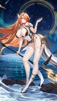 1girl absurdres artist_request belt black_belt black_bra black_garter_straps boots bra breasts collared_leotard covered_navel echocalypse garter_straps hair_over_one_eye head_wings highres holding holding_weapon large_breasts leotard liquid long_hair mole mole_on_breast official_art orange_eyes orange_hair samovilla_(echocalypse) snowing solo thighhighs underwear water weapon white_boots white_leotard white_thighhighs wings