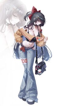 1girl absurdres badge bag bag_charm baggy_pants bare_shoulders belt belt_ribbon black_bag black_belt black_bra black_choker black_hair black_panties blue_eyes blue_pants bow bra bra_peek braid breasts button_badge charm_(object) choker cleavage clothes_tug clothing_cutout collarbone commentary_request crop_top cropped_sweater frown full_body groin haedungi_(shirayuki_hina) hair_between_eyes hair_bow hair_ornament hand_on_own_hip handbag head_tilt heart heart_hair_ornament highres hip_vent incredibly_absurdres korean_commentary large_breasts leaning_forward long_hair long_sleeves looking_at_viewer midriff mirrorapo_yemp navel off-shoulder_sweater off_shoulder one_side_up panties pants parted_lips puffy_sleeves red_bow red_ribbon red_trim ribbon shaded_face shirayuki_hina shoes sidelocks simple_background sleeves_past_wrists solo stellive sweat sweater sweater_tug underwear very_long_hair virtual_youtuber white_background zoom_layer