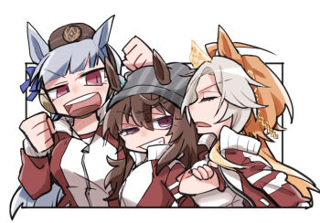 Rule 34 | 3girls, :d, animal ears, arm up, beanie, beer hsk, blue bow, bow, breasts, brown hair, brown hat, clenched hands, closed eyes, crossed arms, ear bow, ear covers, ears through headwear, gold ship (umamusume), grey hair, grey hat, grin, gym shirt, half-closed eye, hat, horse ears, jacket, jacket on shoulders, long hair, medium breasts, mini hat, multicolored hair, multiple girls, nakayama festa (umamusume), open mouth, orfevre (umamusume), parted bangs, purple eyes, red eyes, red jacket, shirt, short sleeves, smile, striped clothes, striped headwear, track jacket, two-tone hair, umamusume, uneven eyes, upper body, v-shaped eyebrows, vertical-striped clothes, vertical-striped headwear, very long hair, white background, white shirt