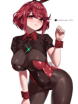 1girl adapted_costume animal_ear_hairband animal_ears artist_name black_necktie breasts brown_pantyhose brown_shoes closed_mouth commentary_request completion_time cowboy_shot fake_animal_ears fake_tail hairband highres large_breasts leaning_forward leotard looking_at_viewer necktie paid_reward_available pantyhose playboy_bunny pyra_(xenoblade) rabbit_ear_hairband rabbit_ears rabbit_tail red_eyes red_hair red_leotard red_wrist_cuffs riro_(breakthrough_rr) shoes short_hair short_necktie simple_background smile solo tail twitter_x_logo white_background wrist_cuffs xenoblade_chronicles_(series) xenoblade_chronicles_2