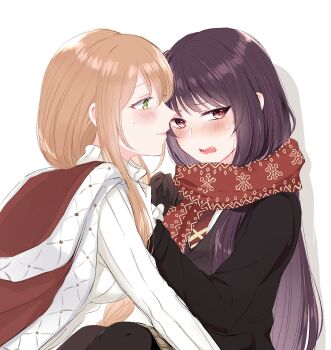 2girls black_coat coat girls&#039;_frontline highres long_hair looking_to_the_side multiple_girls one_side_up print_scarf red_eyes red_scarf scarf springfield_(girls&#039;_frontline) sui_(camellia) wa2000_(date_in_the_snow)_(girls&#039;_frontline) wa2000_(girls&#039;_frontline) yuri