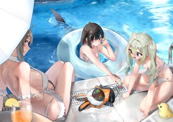 1girl 3girls absurdres alexandrina_sebastiane asphyxiation back bangboo_(zenless_zone_zero) bikini bird black_hair breasts closed_mouth colored_inner_hair commentary_request corin_wickes drink drowning duck ellen_joe eous_(zenless_zone_zero) fins fish_tail floating glass green_hair grey_hair hair_between_eyes highres juice lane_line large_breasts long_hair looking_at_viewer lying medium_breasts mole mole_under_eye multicolored_hair multiple_girls navel on_back open_mouth pool poolside purple_eyes red_eyes red_hair rubber_duck shark_girl shark_tail short_hair sitting small_breasts smile squatting swimsuit tail twintails two-tone_hair water wet white_bikini x_x yawww_(yawwwart) zenless_zone_zero