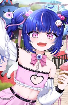 1girl absurdres ahoge blue_hair blush braid braided_twintails carnival fangs food hair_ribbon highres ice_cream indie_virtual_youtuber littlenii loli looking_at_viewer navel pastel_colors pink_eyes ribbon simple_background smile solo twintails virtual_youtuber voidsynatic
