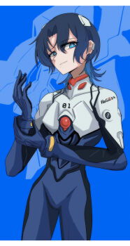 Rule 34 | 1girl, absurdres, alternate costume, blue bodysuit, blue eyes, blue hair, bodysuit, closed mouth, earclip, hairpods, highres, hiodoshi ao, hololive, hololive dev is, mecha pilot suit, medium hair, mole, mole under mouth, multicolored bodysuit, neon genesis evangelion, plugsuit (evangelion), solo, vegs, virtual youtuber, white bodysuit, wolf cut