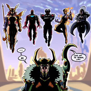 angela_(marvel) armor avengers_(series) blonde_hair breasts cleavage dark-skinned_female dark_skin dc_comics fantastic_four fire highres horns iron_man johnny_storm large_breasts loki_(marvel) long_hair looking_at_viewer marvel marvel_rivals meme metal_bra multiple_girls muscular muscular_female red_hair robot smile storm_(x-men) superhero_costume superman_(series) thor_(marvel)_(series) tina_fate ultron very_dark_skin weapon x-men