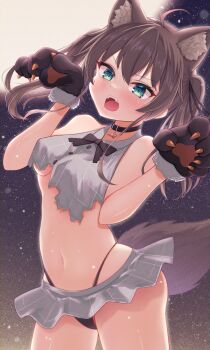 Rule 34 | 1girl, :o, absurdres, ahoge, animal ears, aqua eyes, black panties, black ribbon, blush, breasts, brown hair, choker, fangs, gloves, highres, hololive, microskirt, natsuiro matsuri, natsuiro matsuri (casual), navel, nokonata, open mouth, panties, ribbon, skirt, solo, tail, torn clothes, twintails, underboob, underwear, virtual youtuber