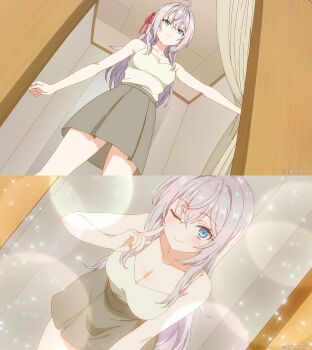Rule 34 | 1girl, ahoge, alisa mikhailovna kujou, anime screenshot, bare shoulders, blue eyes, blush, breasts, brown skirt, camisole, changing room, cleavage, closed mouth, collarbone, dot nose, dressing room, female focus, grey hair, hair ribbon, highres, large breasts, legs, long hair, looking at viewer, miniskirt, multiple views, one eye closed, pose imitation, red ribbon, ribbon, skirt, sleeveless, smile, solo, solo focus, sparkle background, stitched, thighs, third-party edit, tokidoki bosotto roshia-go de dereru tonari no alya-san, white camisole