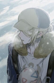 1boy blonde_hair breath egg hair_over_one_eye hat highres holding holding_egg long_sleeves looking_to_the_side male_focus nintendo no_ichigo parted_lips pokemon pokemon_egg pokemon_legends:_arceus shirt snowing solo upper_body volo_(pokemon)