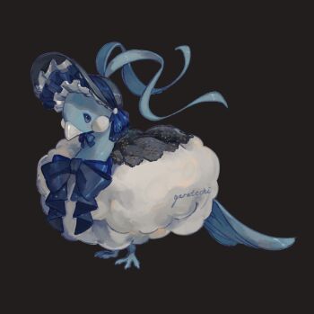 altaria bird bonnet bow clothed_pokemon commentary english_commentary full_body garatechi gen_3_pokemon grey_background highres nintendo no_humans pokemon pokemon_(creature) pokemon_focus
