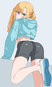 1girl absurdres ass bike_shorts black_shorts blonde_hair blue_eyes blue_hoodie blush_stickers closed_mouth commentary_request crop_top from_behind grey_background highres hood hood_down hoodie kopaka_(karda_nui) long_hair midriff no_socks original shoe_soles shoes shorts solo twintails uwabaki white_shoes